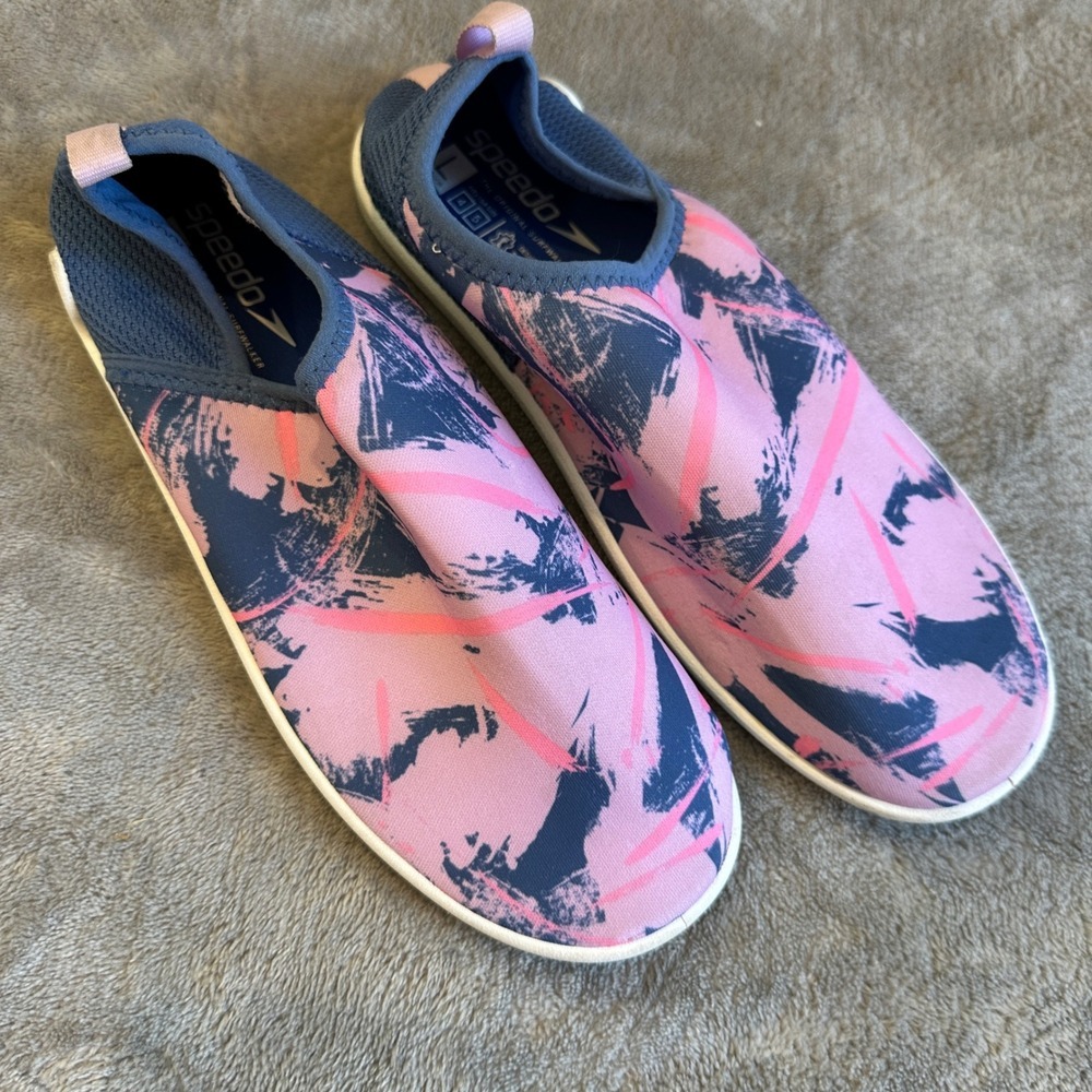 Speedo Junior Size L Surfwalker Water Shoes‎ Pink Blue Abstract Print Slip On